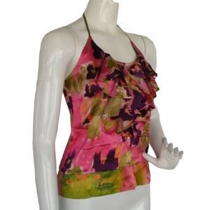HALE BOB Halter Top, XS, Silk, Pink/Purple/Green, Ruffle neckline, Straps